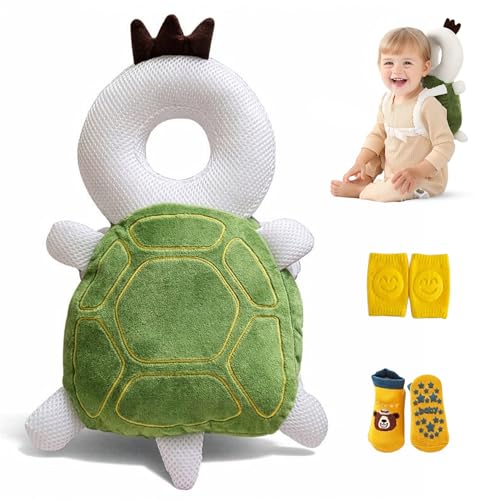 HippoBaby Baby Head Protector Backpack – Toddler Safety Cushion for Crawling & Walking – Infant Fall Protection Pillow with Adjustable Straps – Comes with Knee Pads & Non-Slip Baby Socks (Turtle) - Image 1