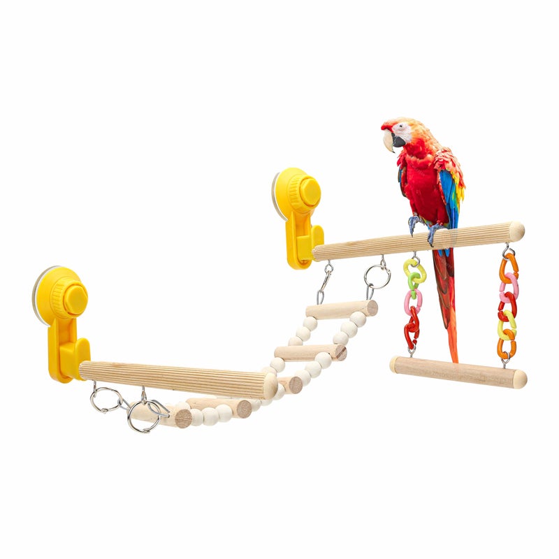 Marsrut Wood Window Bird Perch Toy with Suction Cup Climbing Ramp Ladder Platform Enrichment Accessories Stuff for Parrot Parakeet Budgie Cockatiel Finches to Playstand Bath Car Love Travel Inside Cage - Image 2