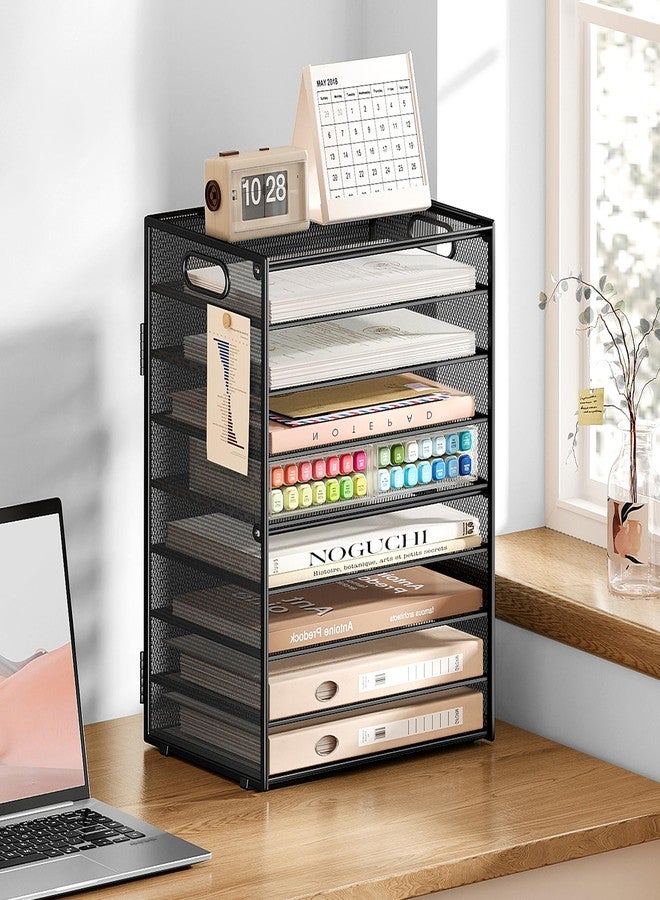 SUBEKYU 9 Tier Paper Organizer for Desk - Black Metal Mesh Letter Tray File Paper Sorter Organizer Include 6 Pcs Adjustable Height Slid Tray with Handles for Office School Home Organization Storage - Image 5