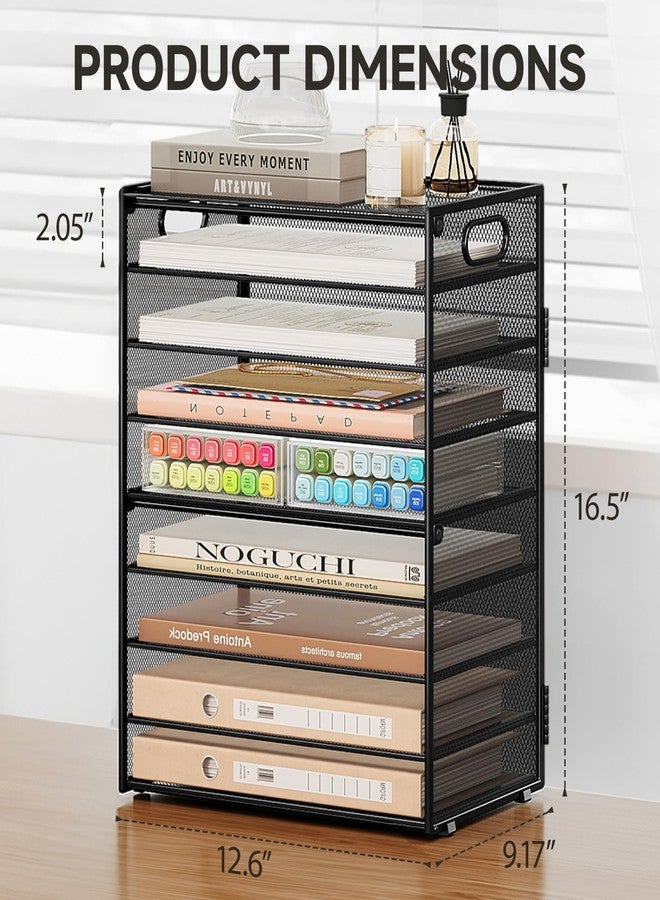 SUBEKYU 9 Tier Paper Organizer for Desk - Black Metal Mesh Letter Tray File Paper Sorter Organizer Include 6 Pcs Adjustable Height Slid Tray with Handles for Office School Home Organization Storage - Image 3