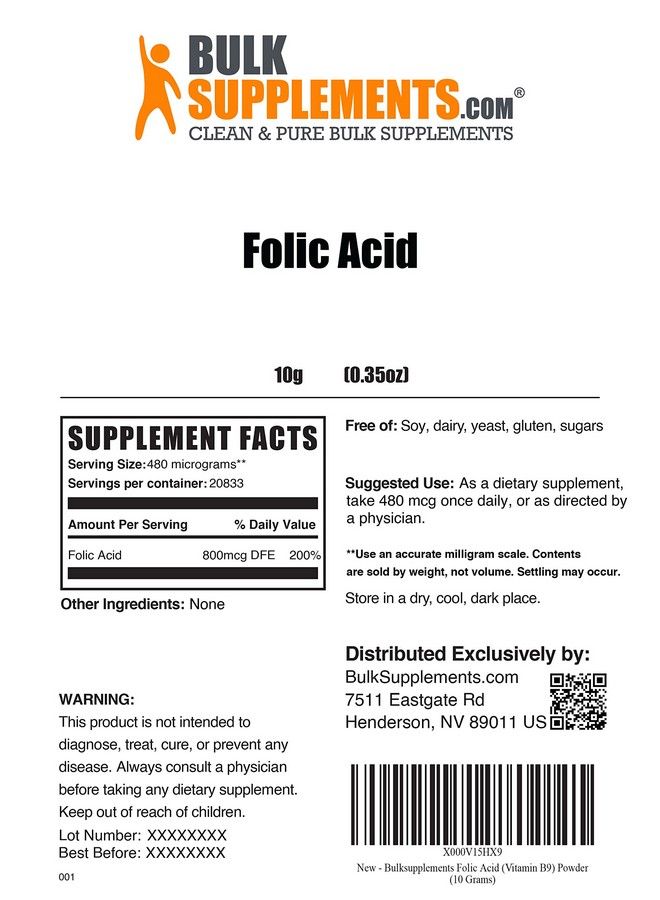 Folic Acid Powder Vitamin B9 Folic Acid Supplement Folic Acid Prenatal Vitamins Folate Supplement For Women Folic Acid 800 Mcg Per Serving (10 Grams 0.35 Oz)