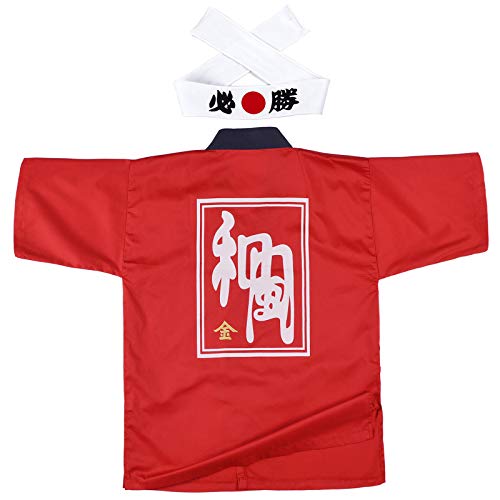 Japanese Sushi Chef Coat Uniforms Kimono for Unisex wafu White Certain Victory HeadbandRed L