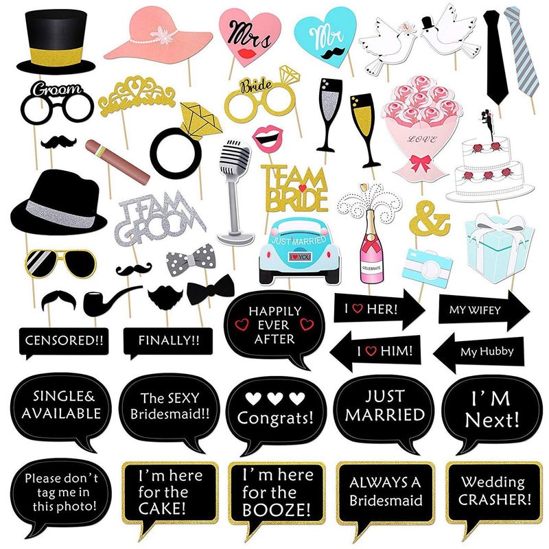 Kotbs 52pcs Wedding Photo Booth Props, Bachelorette Party Photo Booth Prop Kit for Bridal Shower, Engagement and Valentines Party, Photobooth Props Wedding Party Supplies - Image 1