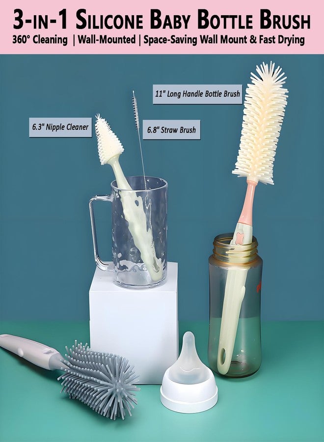 Kesttenn Baby Bottle Brush Kit,3-in-1 Water Bottle Brush for Bottles/Nipple/Cups & Narrow Straws, Cleaning Tools with 11" Long Brush & 6.3" Nipple Brush & 6.8" Straw Brush (Pink) - Image 2