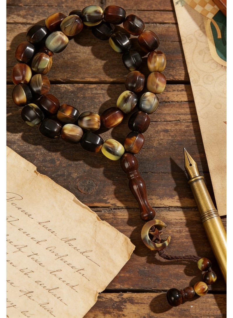 Nariele 33 Beads Vintage Tiger Stripe Mixed Color Flat Oval Islamic Tasbih Prayer Beads, Imitation Horn Shade Brown Gradient Muslim Rosary With Crescent Star Pendant, Unisex Retro Earth Tone Dhikr Beads For Salah & Daily Remembrance - Image 2