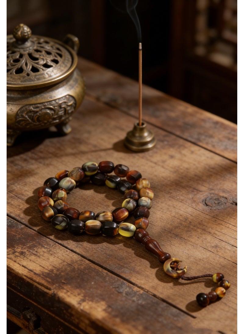 Nariele 33 Beads Vintage Tiger Stripe Mixed Color Flat Oval Islamic Tasbih Prayer Beads, Imitation Horn Shade Brown Gradient Muslim Rosary With Crescent Star Pendant, Unisex Retro Earth Tone Dhikr Beads For Salah & Daily Remembrance - Image 4