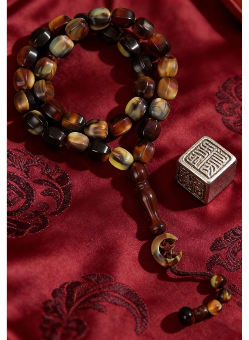 Nariele 33 Beads Vintage Tiger Stripe Mixed Color Flat Oval Islamic Tasbih Prayer Beads, Imitation Horn Shade Brown Gradient Muslim Rosary With Crescent Star Pendant, Unisex Retro Earth Tone Dhikr Beads For Salah & Daily Remembrance - Image 3