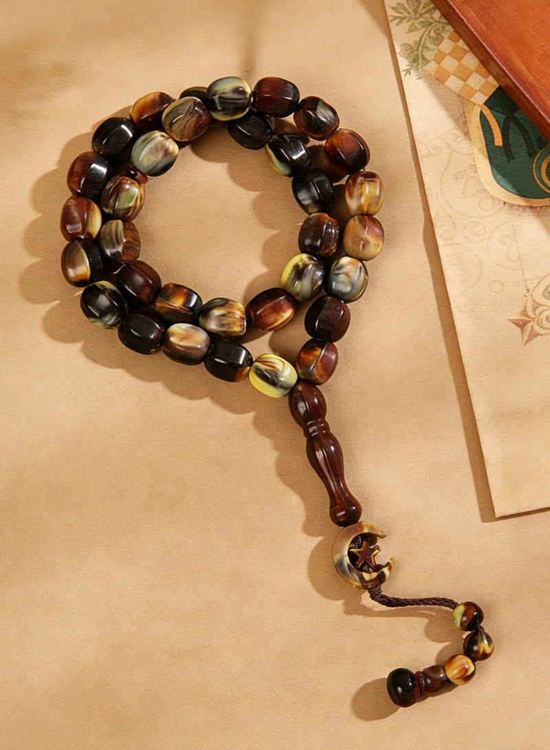 Nariele 33 Beads Vintage Tiger Stripe Mixed Color Flat Oval Islamic Tasbih Prayer Beads, Imitation Horn Shade Brown Gradient Muslim Rosary With Crescent Star Pendant, Unisex Retro Earth Tone Dhikr Beads For Salah & Daily Remembrance - Image 1