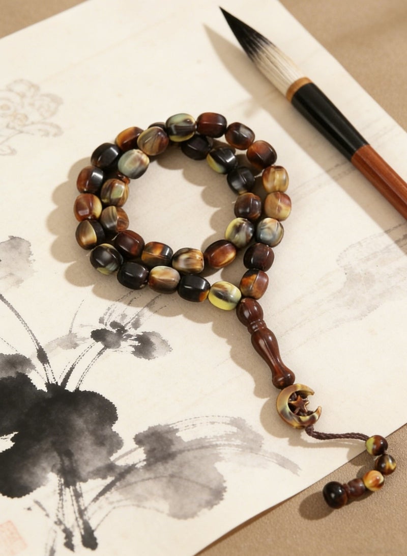 Nariele 33 Beads Vintage Tiger Stripe Mixed Color Flat Oval Islamic Tasbih Prayer Beads, Imitation Horn Shade Brown Gradient Muslim Rosary With Crescent Star Pendant, Unisex Retro Earth Tone Dhikr Beads For Salah & Daily Remembrance - Image 5