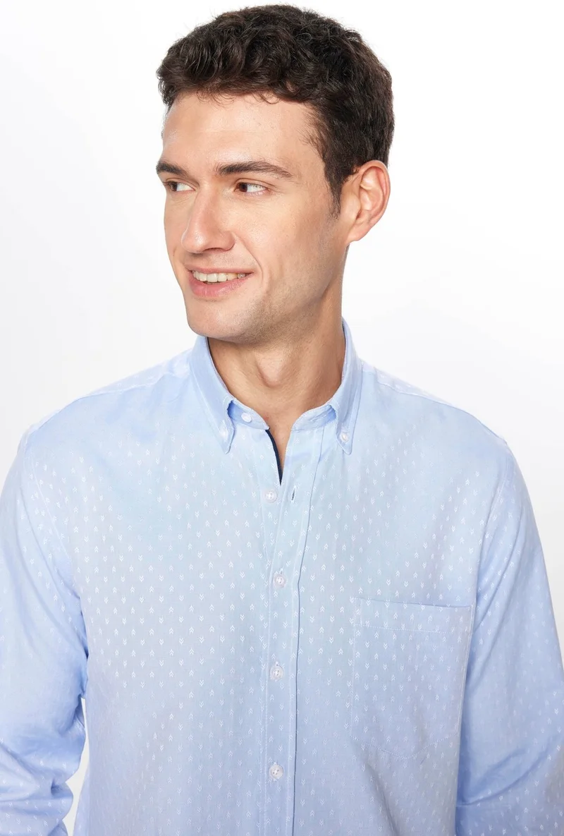 تودورس Men's Classic Fit Regular Cut Long Sleeve Cotton Easy Iron Dobby Blue Button-Down Collar Shirt