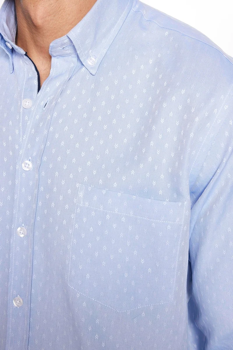 تودورس Men's Classic Fit Regular Cut Long Sleeve Cotton Easy Iron Dobby Blue Button-Down Collar Shirt