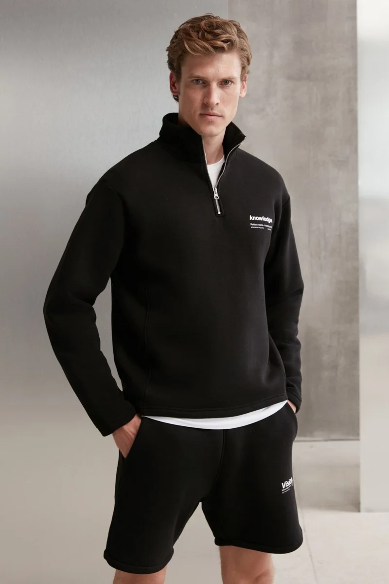 جريميلانج Halden Men's Polar Fleece Stand Collar Half Zipper Printed Detail Regular Black Sweatshirt