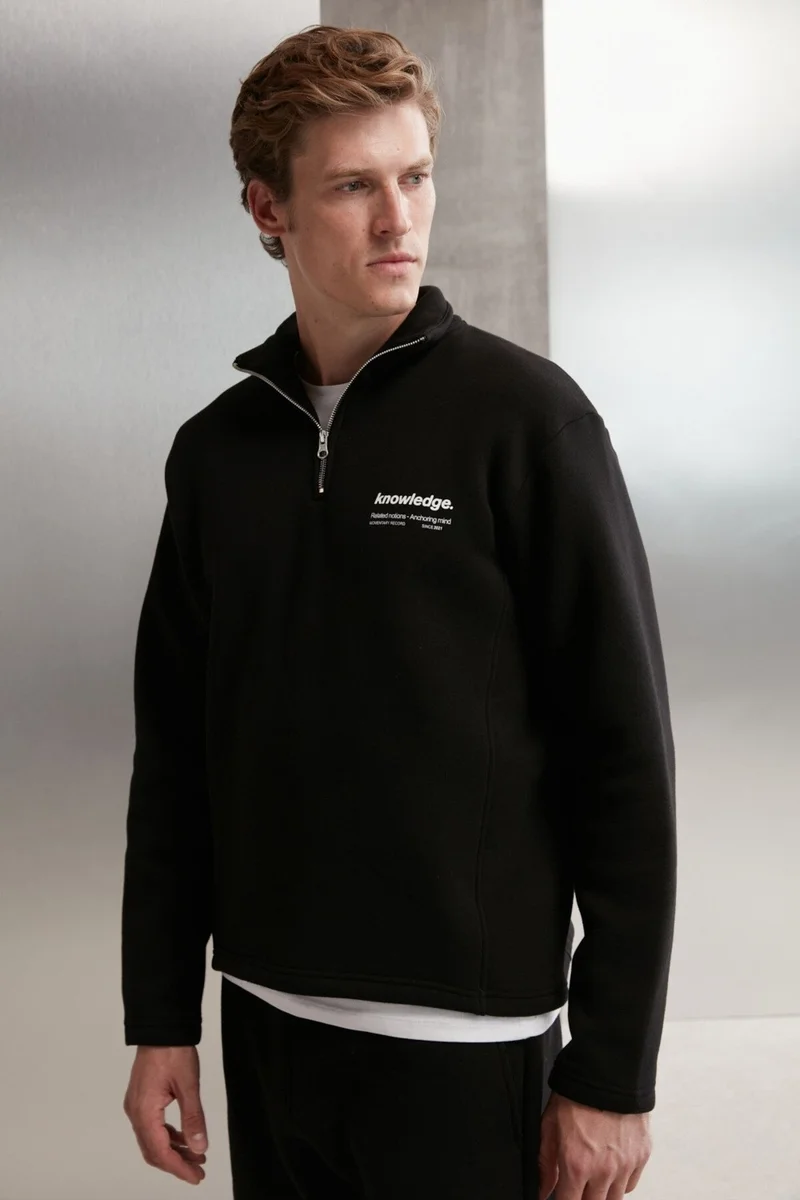 جريميلانج Halden Men's Polar Fleece Stand Collar Half Zipper Printed Detail Regular Black Sweatshirt