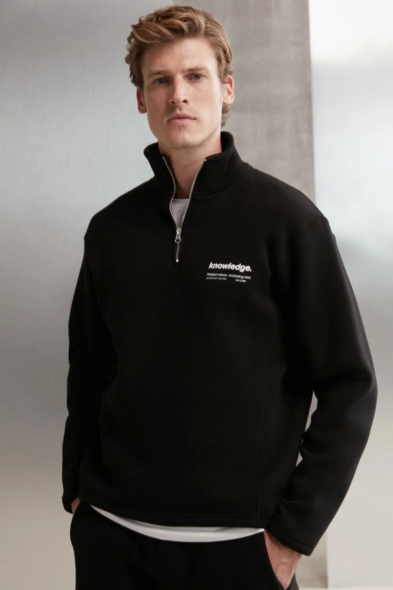 جريميلانج Halden Men's Polar Fleece Stand Collar Half Zipper Printed Detail Regular Black Sweatshirt