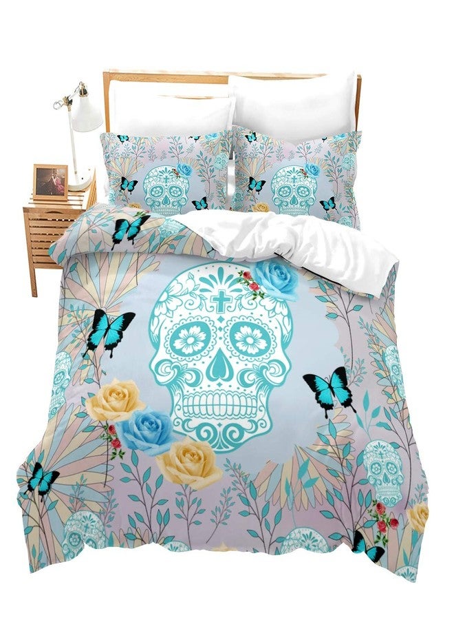 Feelyou Sugar Skull Duvet Cover Set Queen Size Skulls Pattern Bedding Set Bones Butterfly Roses Flowers Print Comforter Cover Set Blue Luxury Micorfiber Polyester Quilt Cover with 2 Pillow Shams - Image 1