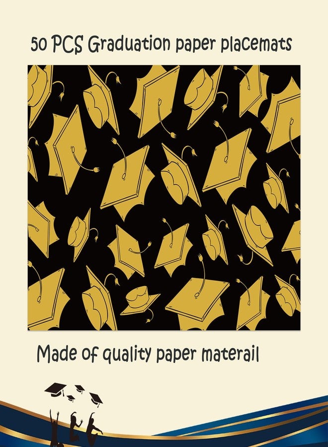 Lucleag 50PCS Graduation Paper Place Mats, Disposable Black Gold Graduation Hat Placemats Decorative Table Mat for Class of 2026 Congrats Grad Dinner Decor Party Supplies, 13.8 x 9.8 inch - Image 3