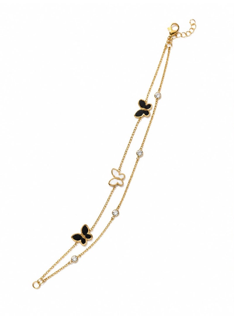 Shein Gold Double Chain Butterfly Bracelet for Women – Stainless Steel with Black and White Charms - Image 3