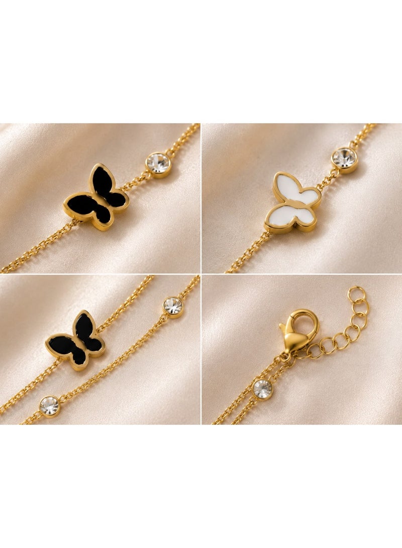 Shein Gold Double Chain Butterfly Bracelet for Women – Stainless Steel with Black and White Charms - Image 4