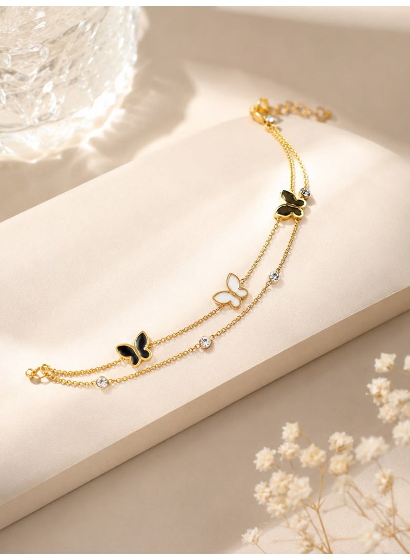Shein Gold Double Chain Butterfly Bracelet for Women – Stainless Steel with Black and White Charms - Image 2