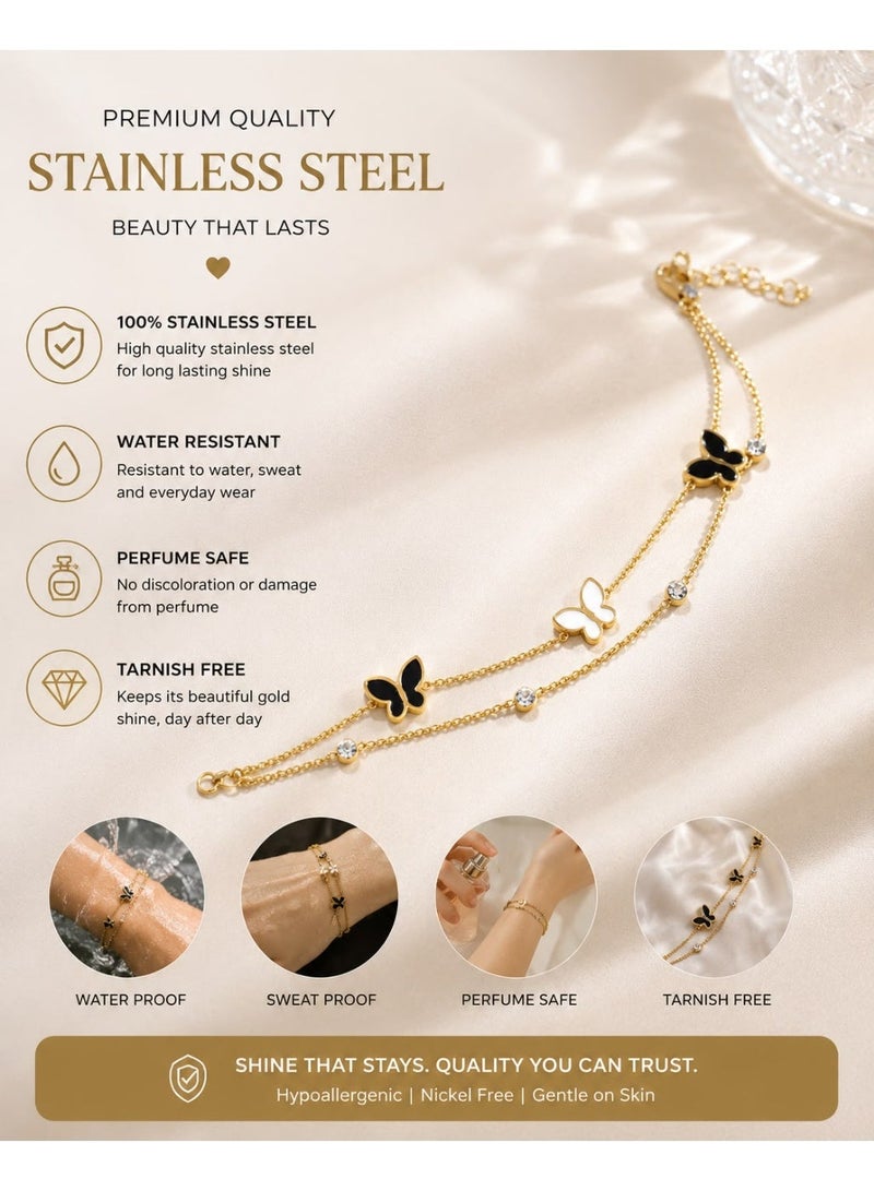 Shein Gold Double Chain Butterfly Bracelet for Women – Stainless Steel with Black and White Charms - Image 5