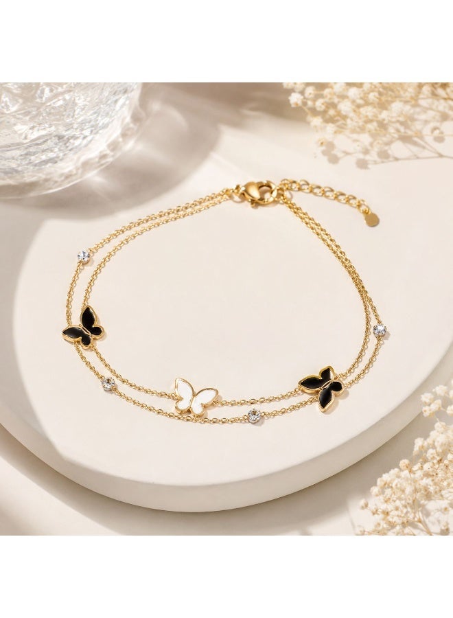 Shein Gold Double Chain Butterfly Bracelet for Women – Stainless Steel with Black and White Charms - Image 1