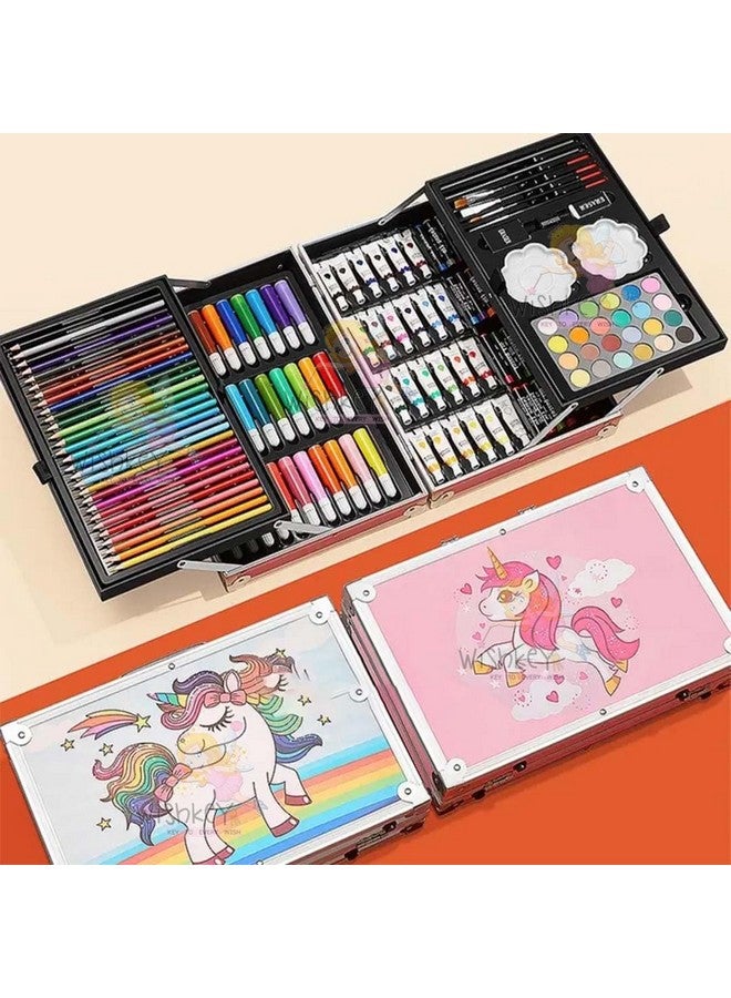 Wishkey مجموعة فنون WISHKEY 145 قطعة للأطفال مع حقيبة تخزين بموضوع اليونيكورن، مجموعة مستلزمات الفن والحرف للرسم والتلوين مع باستيل الزيت، ألوان مائية، أقلام ملونة، قلم رسم (عبوة من 1، وردي) - Image 2