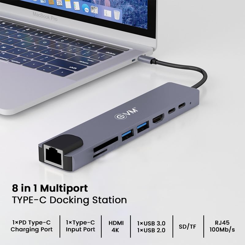 EVM 8-in-1 TypeC Docking Station with 100MB/s Ethernet Port, 4K HDMI,1xUSB 3.0, 1xUSB 2.0 & TypeC 3.0 with PD Charging, SD & MicroSD Slot, for All Type C Devices, 3 Yrs Warranty ( Multiport 8-in-1) - Image 2