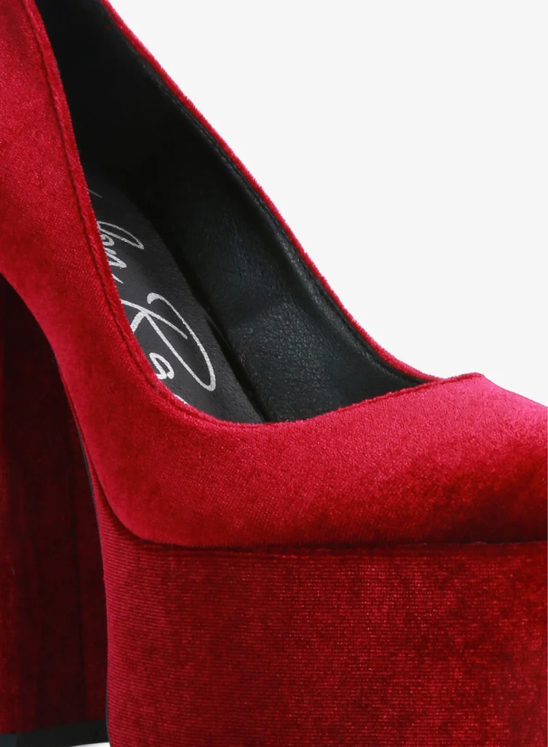 London Rag Burgundy Platform Heel Velvet Pumps