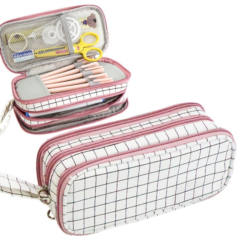 Pink Pencil Case: Large Capacity Canvas Pouch With Smooth Zipper - Durable Color-Block Design Pencil Bag for Students Artists Writers Professionals - Image 1