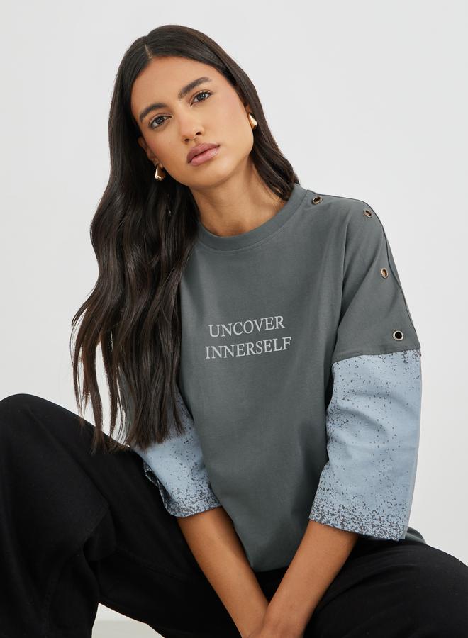 Styli Spray Painted Exaggerated Shoulder Oversized T-Shirt with Eyelet Detail - Image 1