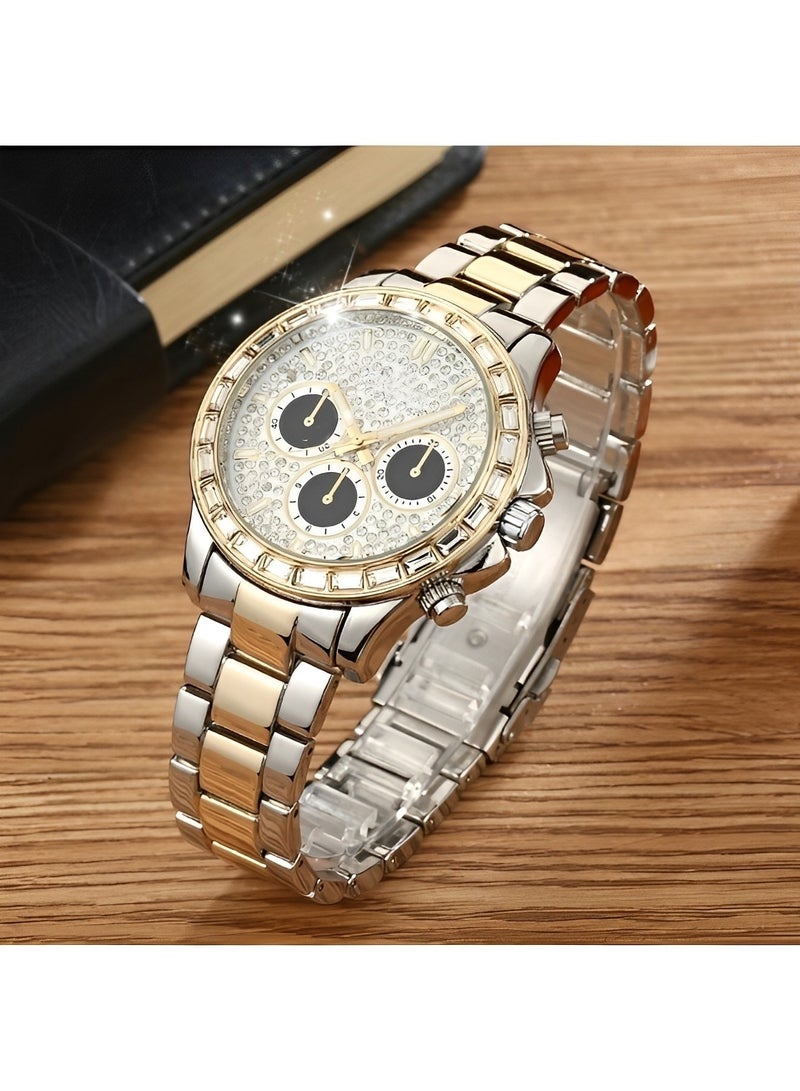 REOCLE Unisex Diamond Watches Quartz Watch with Diamond-set Round Dial & Stainless Steel Watch Strap Luxury Business Dress Wrist Watch - Image 3