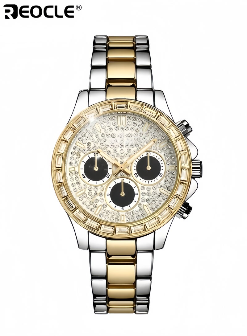 REOCLE Unisex Diamond Watches Quartz Watch with Diamond-set Round Dial & Stainless Steel Watch Strap Luxury Business Dress Wrist Watch - Image 1