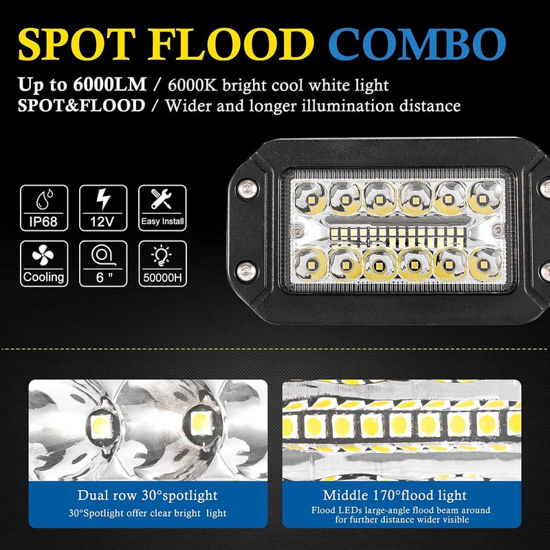 BUNKER INDUST مجموعة أضواء LED قابلة للتثبيت المباشر من BUNKER INDUST، عدد 2 قطعة، بقطر 6 بوصات، تحتوي على شعاعين مزدوجين (شعاع نقطي وشعاع عريض)، بقوة إضاءة تبلغ 6000 لومن، مزودة بثلاثة أصفاف من اللمبات، مناسبة للاستخدام أثناء القيادة في الطرق الوعرة، ومقاومة للماء، ومثالية لاستخدامها في عربات الجولف، والشاحنات، والجرارات، والسيارات الرياضية الفاخرة (SUV)، والمركبات الرباعية العجلات (4x4)، والمركبات الجبلية (ATV). - Image 2