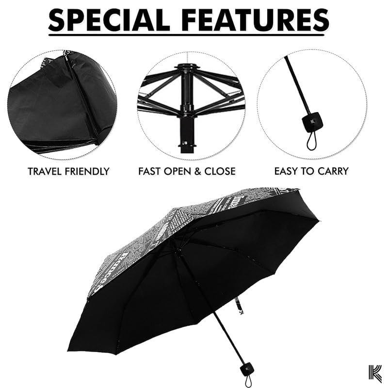 Kraptick News-Paper Printed Umbrella, Umbrella for Rain, Wind Proof Umbrella, Water-Proof Umbrella for Men/Women/Boys/Girls/Kids, Travel Umbrella with Manual Mechanisms for Open and Close (Black) - Image 5