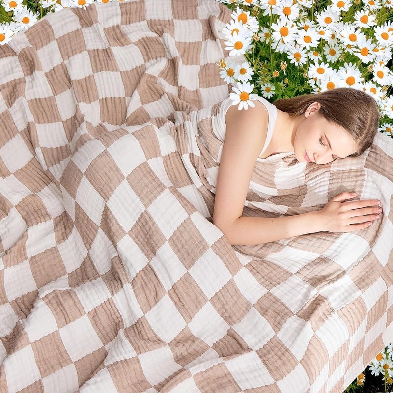EMME Checkered Cotton Blanket Twin Large 60"x80" 100% Muslin for Couch Breathable Gauze All Season Soft and Lightweight Pre-Washed (Light Tan) - Image 3
