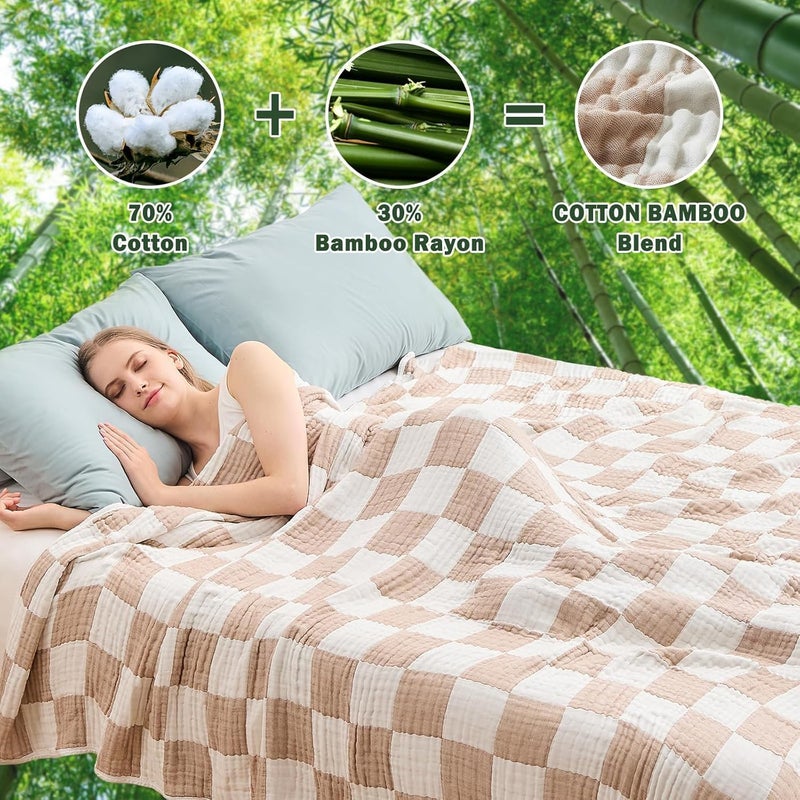EMME Checkered Cotton Blanket Twin Large 60"x80" 100% Muslin for Couch Breathable Gauze All Season Soft and Lightweight Pre-Washed (Light Tan) - Image 2