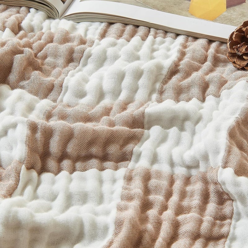 EMME Checkered Cotton Blanket Twin Large 60"x80" 100% Muslin for Couch Breathable Gauze All Season Soft and Lightweight Pre-Washed (Light Tan) - Image 1