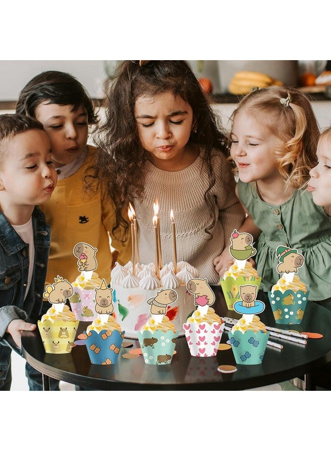 Boerni Capybara Cupcake Toppers and Wrappers, Set of 48pcs Lovely Capybara Cartoon Patterns Cupcake Decorations for Kids Boys Girls Birthday Party Baby Shower Wedding Holiday Supplies Favor - Image 4