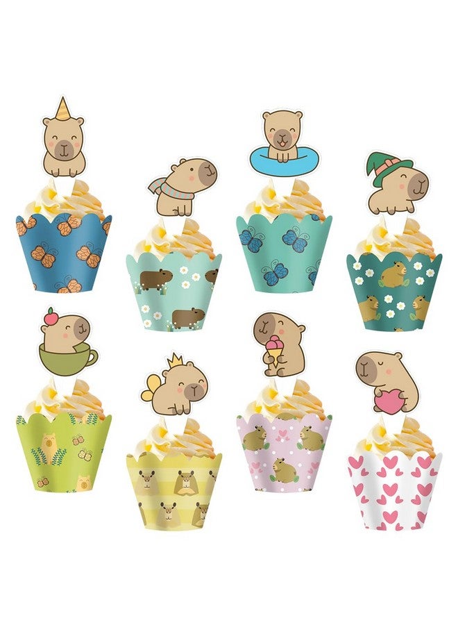 Boerni Capybara Cupcake Toppers and Wrappers, Set of 48pcs Lovely Capybara Cartoon Patterns Cupcake Decorations for Kids Boys Girls Birthday Party Baby Shower Wedding Holiday Supplies Favor - Image 1