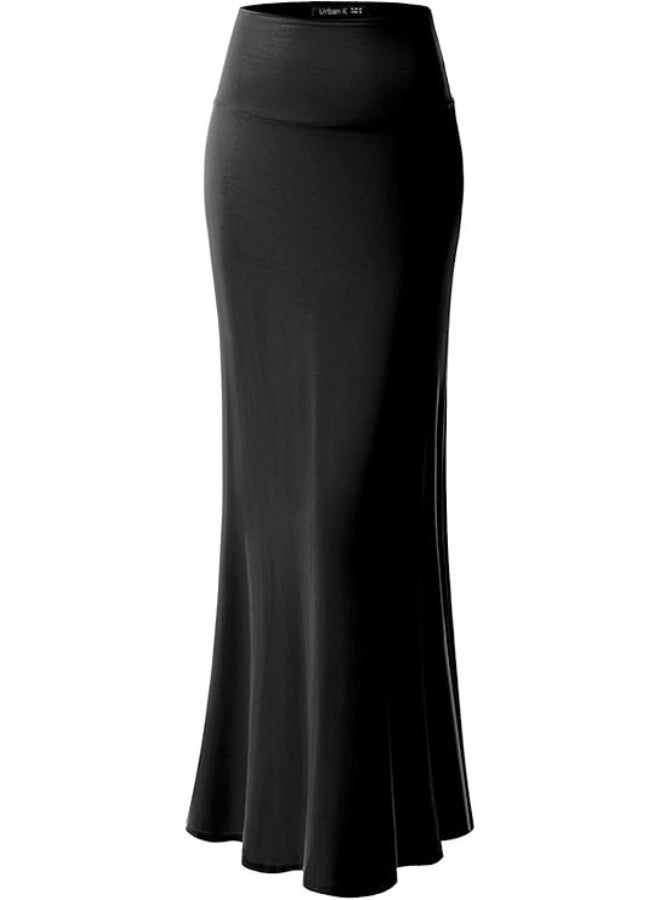 URBAN K Womens Basic Foldable High Waist Maxi Skirt Black - Image 3