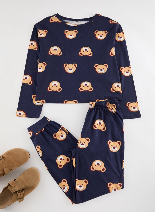 Navy Blue 100% Cotton Teddy Bear Knitted Pajama Set THMAW23PT00514