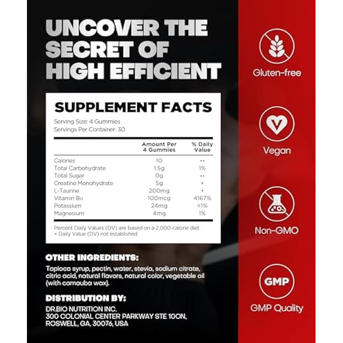 Dr.Bio Instant Boost Creatine Monohydrate Gummies, Complex Creatine with Real 5000mg Creatine, L-Taurine, B12, Mg & K, Pre-Workout Creatine for Women & Men to Support Energy, Muscle, Recovery, 0 Sugar, Vegan - Image 5