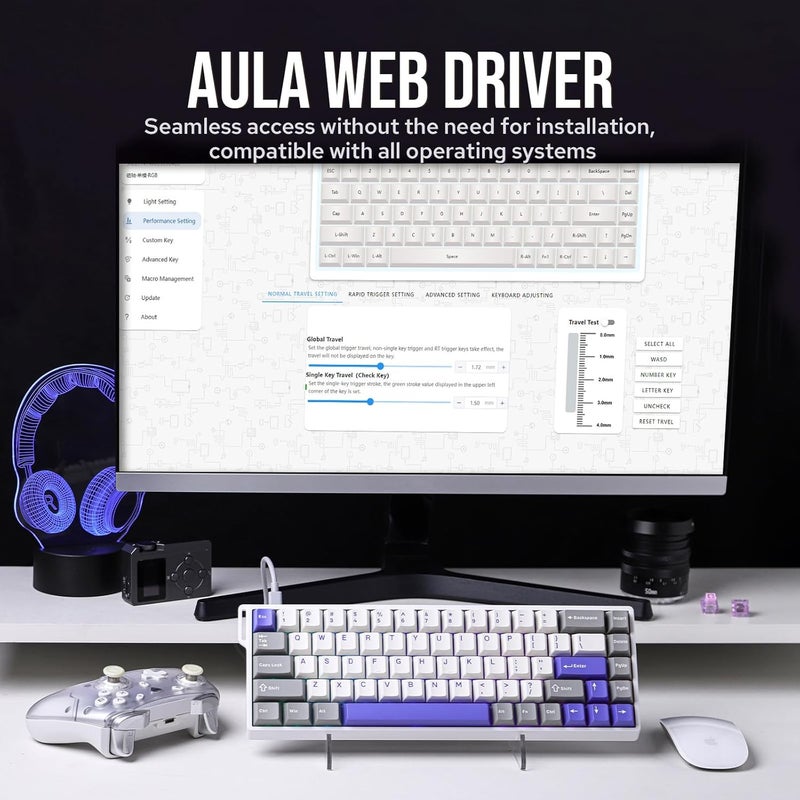 EPOMAKER AULA WIN68 HE لوحة المفاتيح المغناطيسية مع التشغيل القابل للتعديل ، لوحة مفاتيح تأثير القاعة مع تأخير 0.3ms ، لوحة مفاتيح مدمجة سلكية بنسبة 65٪ ، معدل استطلاع 8000 هرتز ، تبادل ساخن (رمادي وأبيض وأزرق) - Image 4