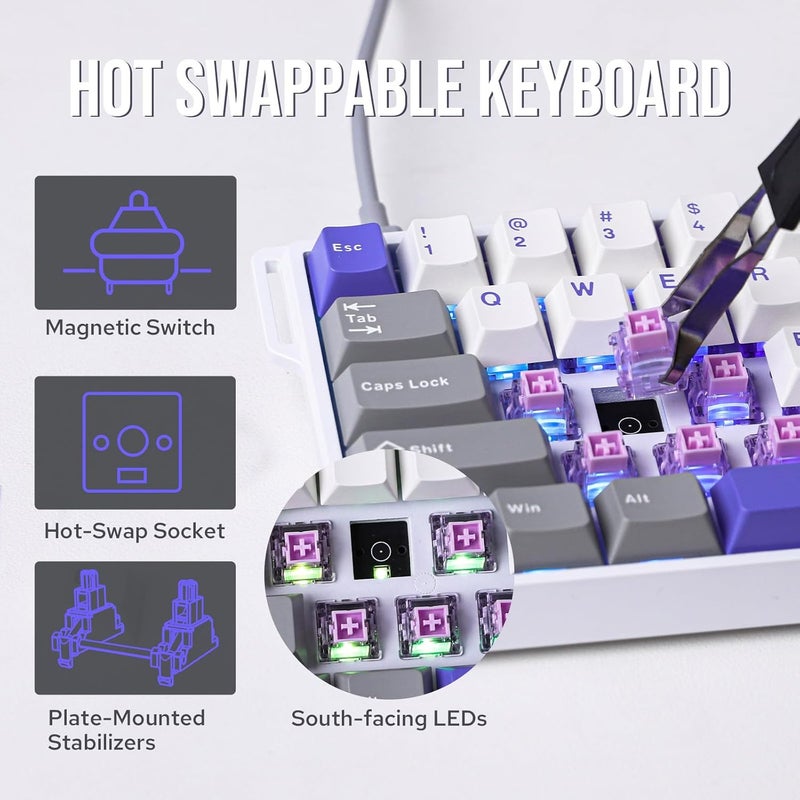 EPOMAKER AULA WIN68 HE لوحة المفاتيح المغناطيسية مع التشغيل القابل للتعديل ، لوحة مفاتيح تأثير القاعة مع تأخير 0.3ms ، لوحة مفاتيح مدمجة سلكية بنسبة 65٪ ، معدل استطلاع 8000 هرتز ، تبادل ساخن (رمادي وأبيض وأزرق) - Image 5