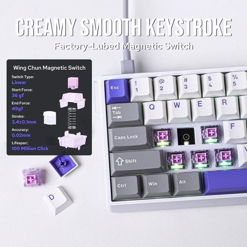 EPOMAKER AULA WIN68 HE لوحة المفاتيح المغناطيسية مع التشغيل القابل للتعديل ، لوحة مفاتيح تأثير القاعة مع تأخير 0.3ms ، لوحة مفاتيح مدمجة سلكية بنسبة 65٪ ، معدل استطلاع 8000 هرتز ، تبادل ساخن (رمادي وأبيض وأزرق) - Image 3