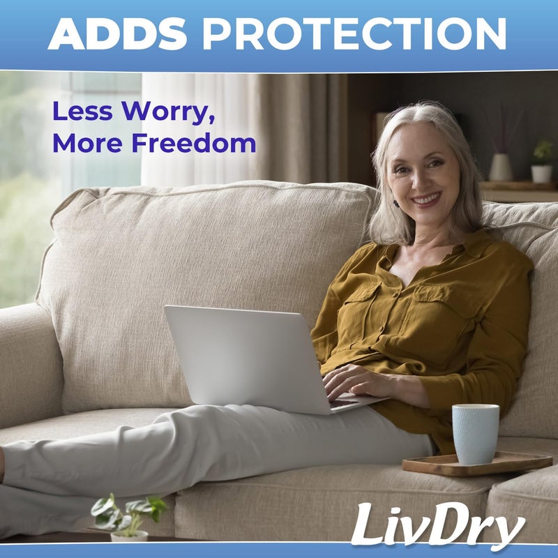LIVDRY وسادات تعزيز سلس البول من ليف دراي، تستخدم مع حفاضات البالغين للنساء والرجال، راحة إضافية ونعومة، وسادة قابلة للتخلص منها (20 قطعة، طول عادي) - Image 3