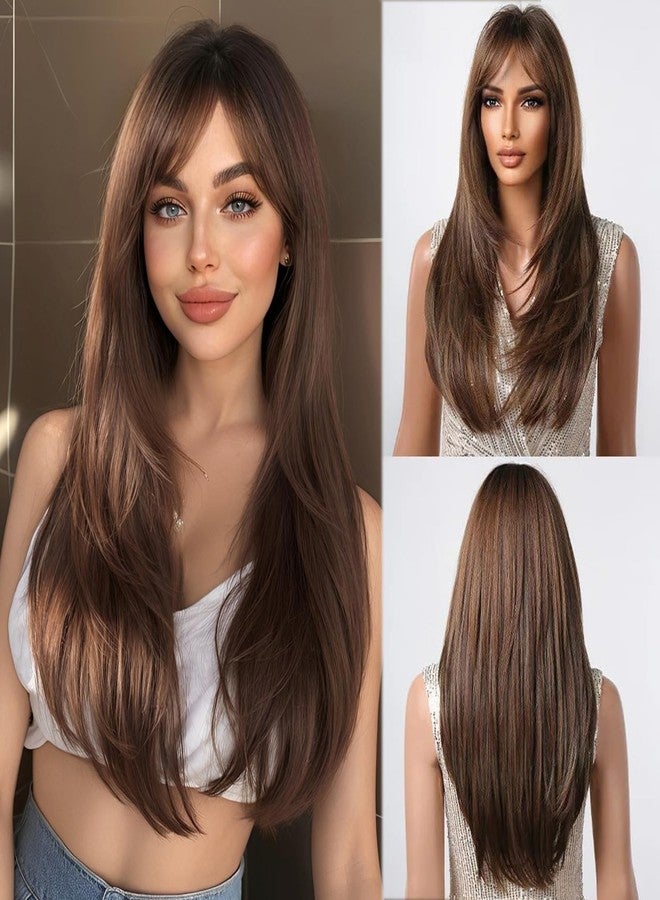 Esmee Long Straight Brown with Highlight Wig with Fringe Natuaral Synthetic Hair Daily Party Wigs for Women - Image 1
