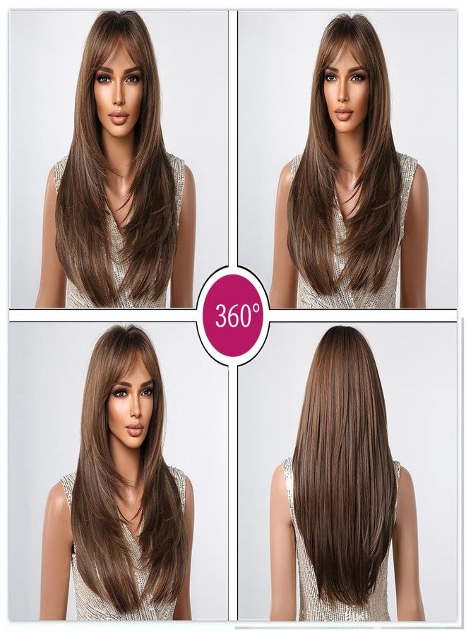 Esmee Long Straight Brown with Highlight Wig with Fringe Natuaral Synthetic Hair Daily Party Wigs for Women - Image 5