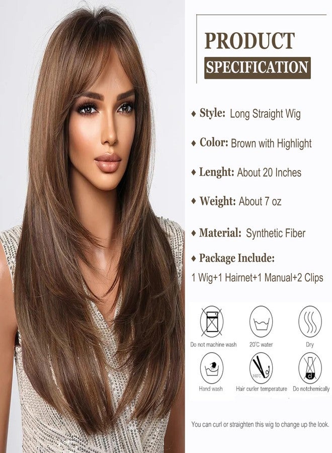 Esmee Long Straight Brown with Highlight Wig with Fringe Natuaral Synthetic Hair Daily Party Wigs for Women - Image 2