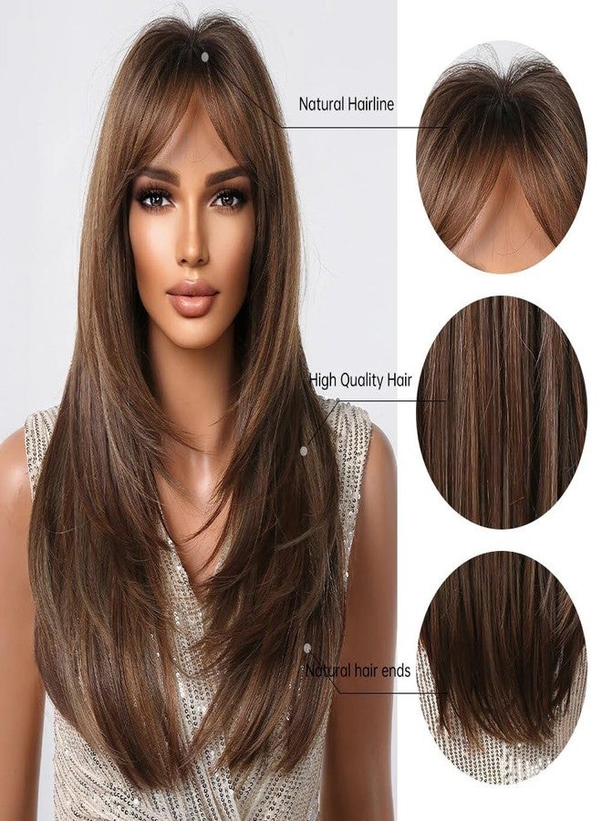 Esmee Long Straight Brown with Highlight Wig with Fringe Natuaral Synthetic Hair Daily Party Wigs for Women - Image 3